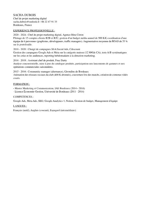 CV avant : document brut sans mise en page